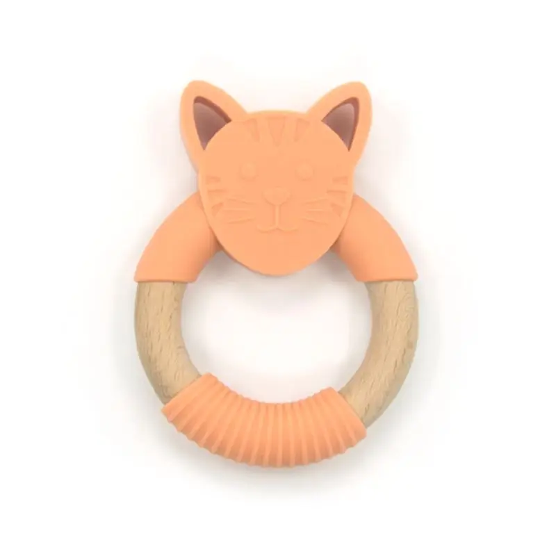 Младенцы аксессуары для кормления ребенка прорезыватель мультфильм в форме кота силиконовый деревянный кольцо Дети Новорожденные жевательные игрушки - Цвет: Оранжевый