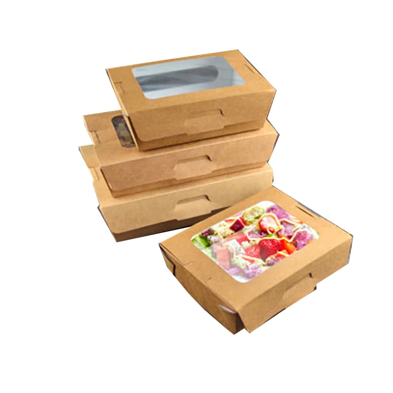 ZEQIU коричневая бумажная упаковочная коробка одноразовый прозрачный skylight контейнер для фруктового салата(760 мл/970 мл/1470 мл
