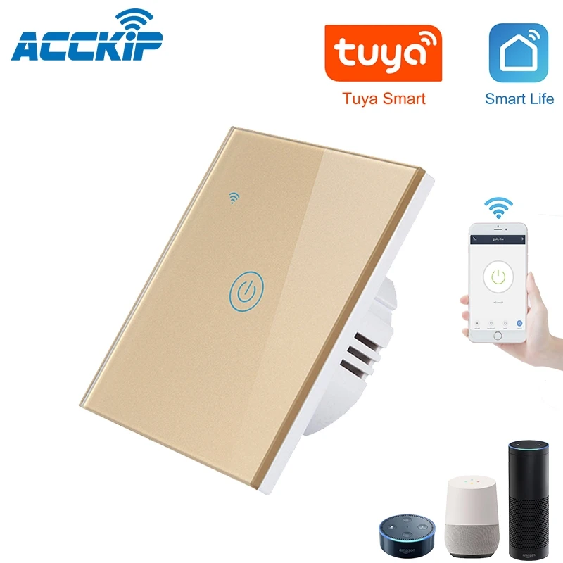 Gold 1 Gang ACCKIP умный светильник сенсорный выключатель Стекло Панель 1/2/3 WiFi светильник Переключатель ЕС Стандартный приложение Управление Беспроводной умный дом переключатель - Цвет: Gold 1 Gang
