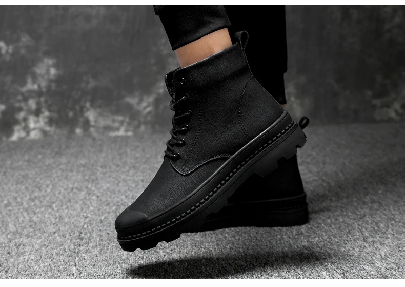 Зимние кожаные сапоги со стальным носком на меху высокого качества Мужская черная обувь на шнуровке зимние сапоги сохраняющие тепло армейские ботинки