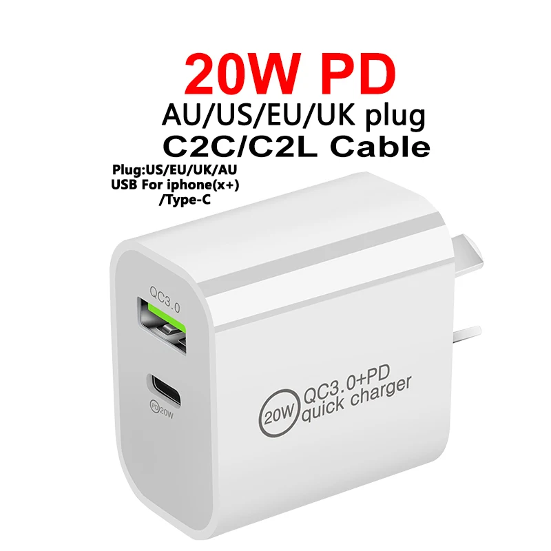 Быстрое зарядное устройство PD 20 Вт USB Type C QC3.0 для дома и офиса розетка стандарта