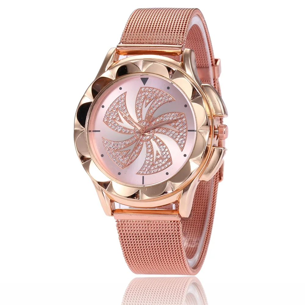 

Europe And America Popular Diamond Set Windmill Decorative Clock Women's New Style Rose Gold Dial Women's Alloy Mesh Belt Watch