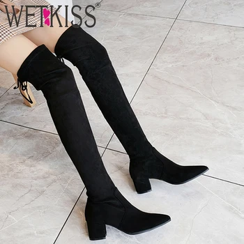 

WETKISS High Heels Boots Women Over The Knee Boot Female Stretch Flock Shoes Ladies Pointed Toe Shoes Cross Tied Shoes Winter