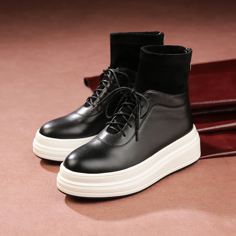 

Women's genuine leather patchwork lace-up platform flats ankle boots leisure punk short martin boots casual autumn comfort shoes