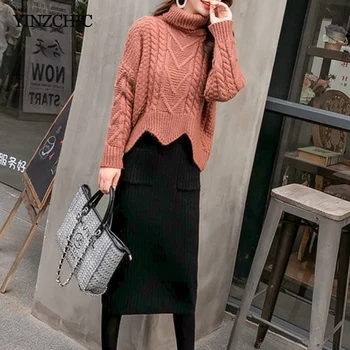 

New Winter Woman Knitted Suits Solid Turtleneck Thick Sweater + Pencil Skirt Sets for Woman Casual Warm Female Two-pieces Sets