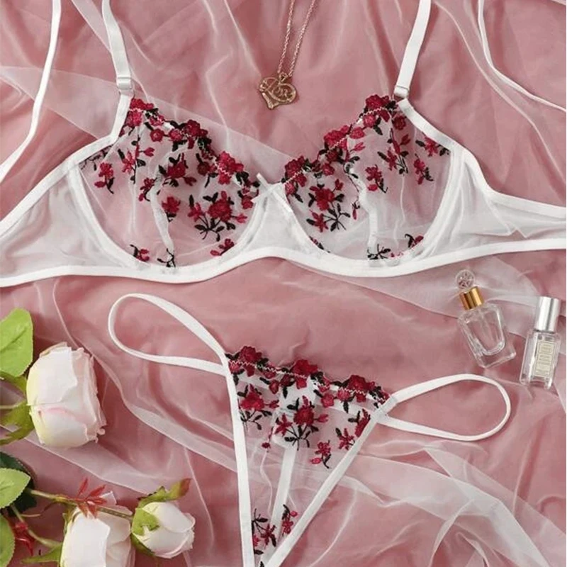 bra and panty sets New women's lace embroidered underwear underwire gather bra and panty set thin mesh see-through sexy erotic lingerie thong set sexy bra set