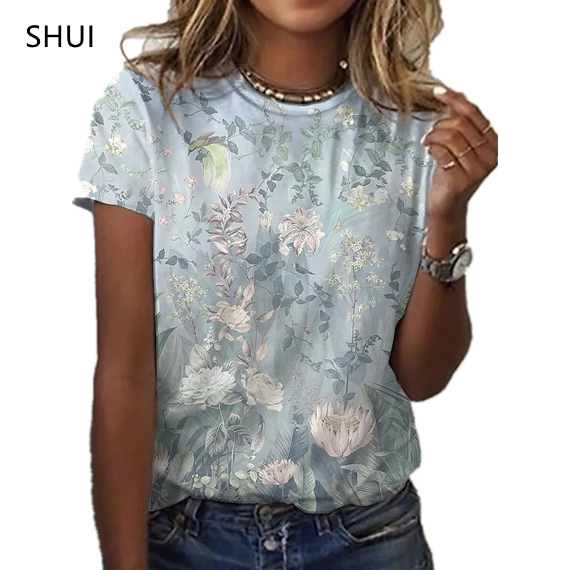 Women's Summer Loose Top Floral 3D Printing T-Shirt Round Neck Casual Shirt Summer Versatile Short Sleeve T-Shirt vintage tees