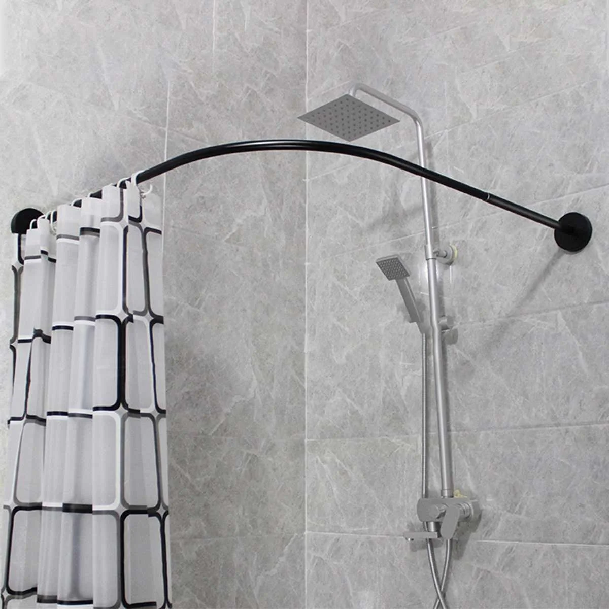 Extendable Corner Shower Curtain Rod Pole Black Stainless Steel Rail Rod Bar Bath Door Hardware Heavy Loaded With 12 Metal Hooks