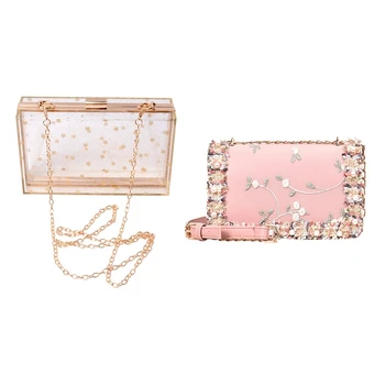 

PU Leather Square Bag Flower Pearl Chain Shoulder Bag Pink with Acrylic Transparent Gold Star Evening Bags Transparent