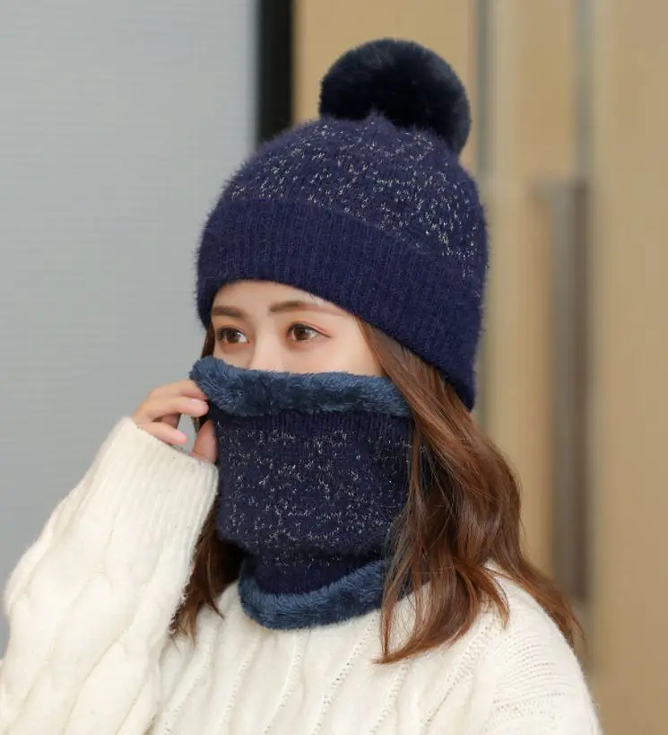 Jacquard weave knitted hat scarf set women warm winter beanie sweet hat school hat - Цвет: navy