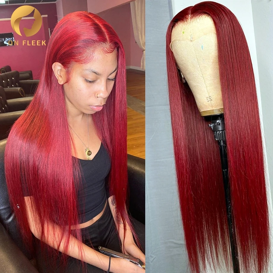 

99j Burgundy Lace Front Wig Red Colored Human Hair Wigs For Women 30 Inch Pre Plucked Bob 13x1 Bone Straight Hd Lace Frontal Wig