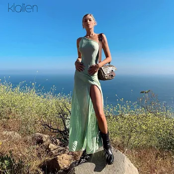 

KLALIEN 2019 summer women beach one shoulder slit long dress party night sexy see-through Solid stretch Slim Strapless dresses