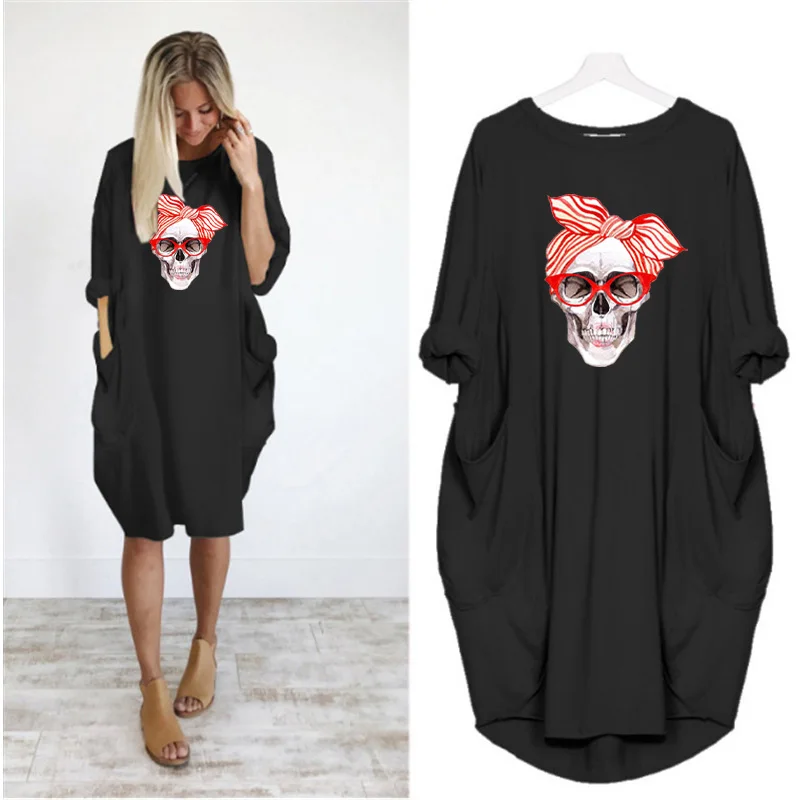 Plus Size 5XL Women's Dress Skull Print Long Sleeve O Collar Pocket Loose Casual Female Dresses Vintage Vestidos Robes Femme 19
