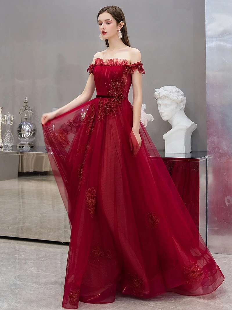 SSYFashion, новинка, темно-Красное длинное вечернее платье, роскошное, с блестками, кружевное, с аппликацией и вырезом лодочкой, для выпускного вечера, вечерние платья на заказ, Vestidos De Noche