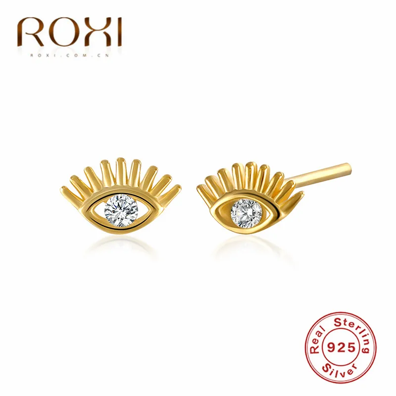 Золотой цвет ROXI, блестящие серьги с кристаллами от сглаза, 925 пробы, серебряные серьги-гвоздики с полым глазом для женщин, модные ювелирные изделия в стиле панк, Brincos - Окраска металла: Золотой цвет
