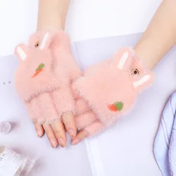 2021 New Cute Rabbit ears Warm Gloves Female plush student half finger gloves clamshell cartoon gloves