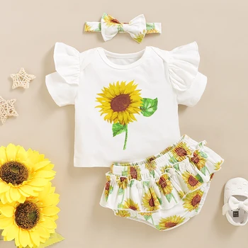 

Newborn Clothes Set fashion Baby Summer Short Sleeve Round Neck Ruffled Tops+Flower Printing Shorts+Bownot Hairband 0-24M#37