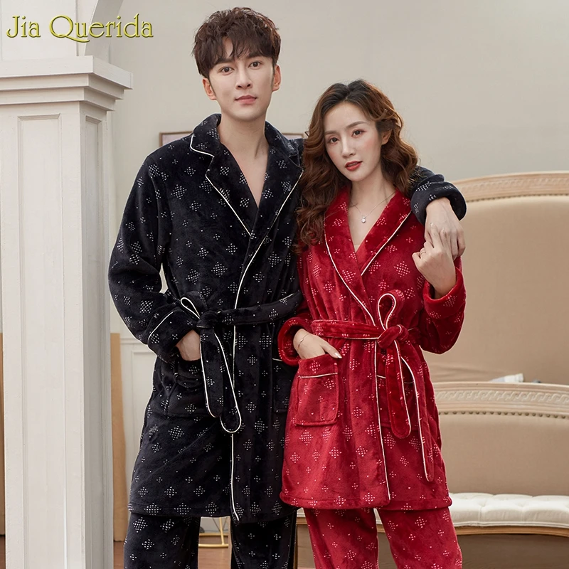 Мужские фланелевые пижамы с длинным рукавом, кимоно, топ+ брюки, комплект из двух предметов, теплая зимняя Пижама для пары, ночная рубашка, домашний костюм