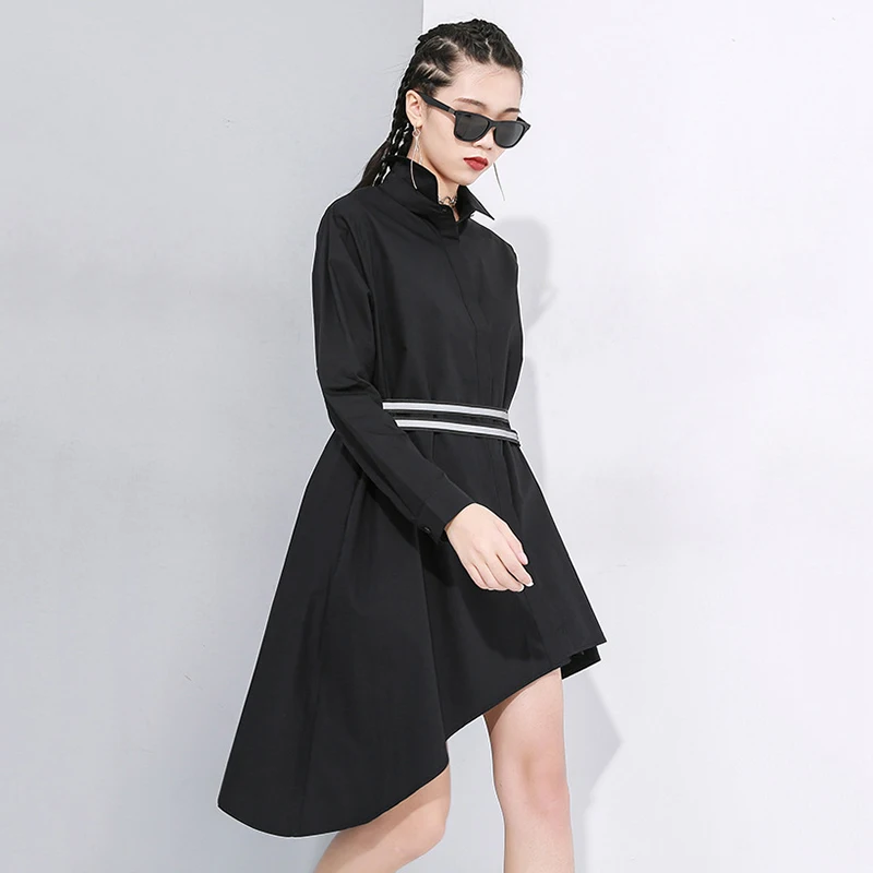  [EAM] Women Black Asymmetrical Buckle Split Blouse New Lapel Long Sleeve Loose Fit Shirt Fashion Ti