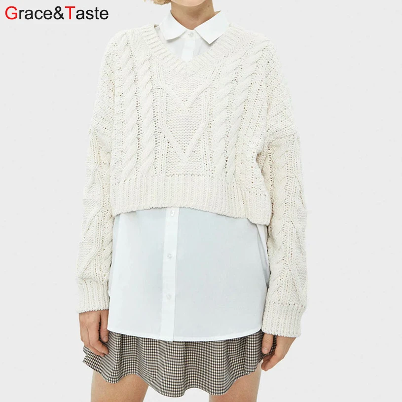 

Grace&Taste Fashion design Autumn and winter mahua V neck pullover coarse woolen sweater warm loose show thin short knit sweater