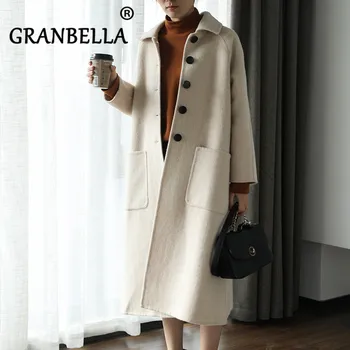 

Double-sided wool blend overcoat for women 2020 autumn new casual solid color medium long outwear with big pocket