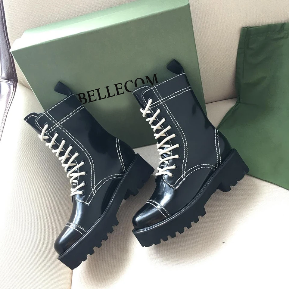 

SONFRNCH Fall 2019 New Women's Anti-skid Thick Bottom Leather Tie Boots Fashion Locomotive Boots