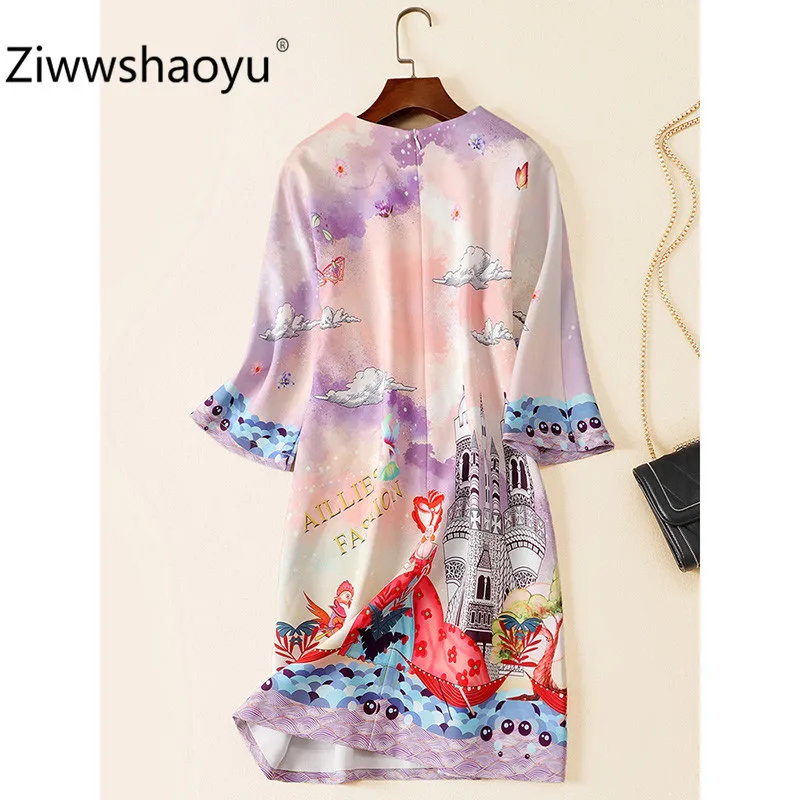 Ziwwshaoyu Мода Мультфильм Письмо печати свободное платье Женские Половина рукава Алмаз Высокое качество осень короткие платья
