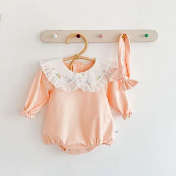 

Baby Girls Bodysuit Solid Color Long Sleeve Jumpsuit + Headband Embroidered Lace Collar Autumn Princess Clothes Set 2pcs