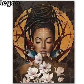 

5D DIY Diamond Painting African girl with flowers birds Full Square Rhinestone Diamond Mosaic portrait Diamond Embroidery Sale