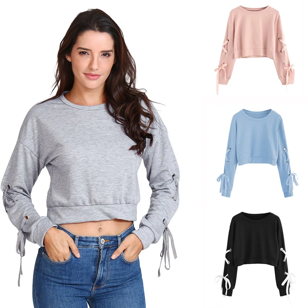 

Women's Casual Lace Up Long Sleeve Pullover Crop Top Sweatshirt female T-shirt New Fashion Winter Slim Fit camiseta mujer