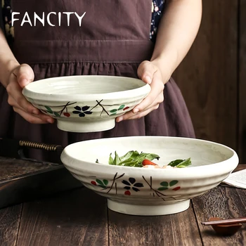 

FANCITY Ceramic cold noodle bowl, ramen bowl, soup bowl, rice bowl, tableware, trumpet hat bowl, large bowl of cold noodle bowl