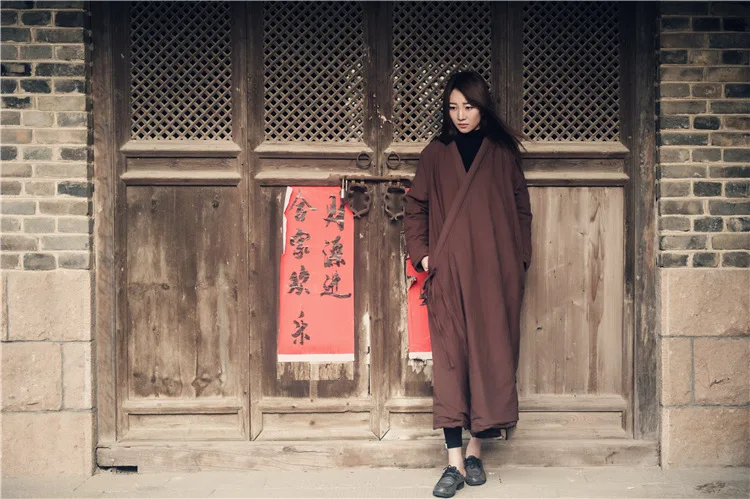 Художественная одежда Xie Jin в этническом стиле средней длины с хлопковой подкладкой, пальто Zen Robe, Ретро стиль, свободное льняное платье на подкладке