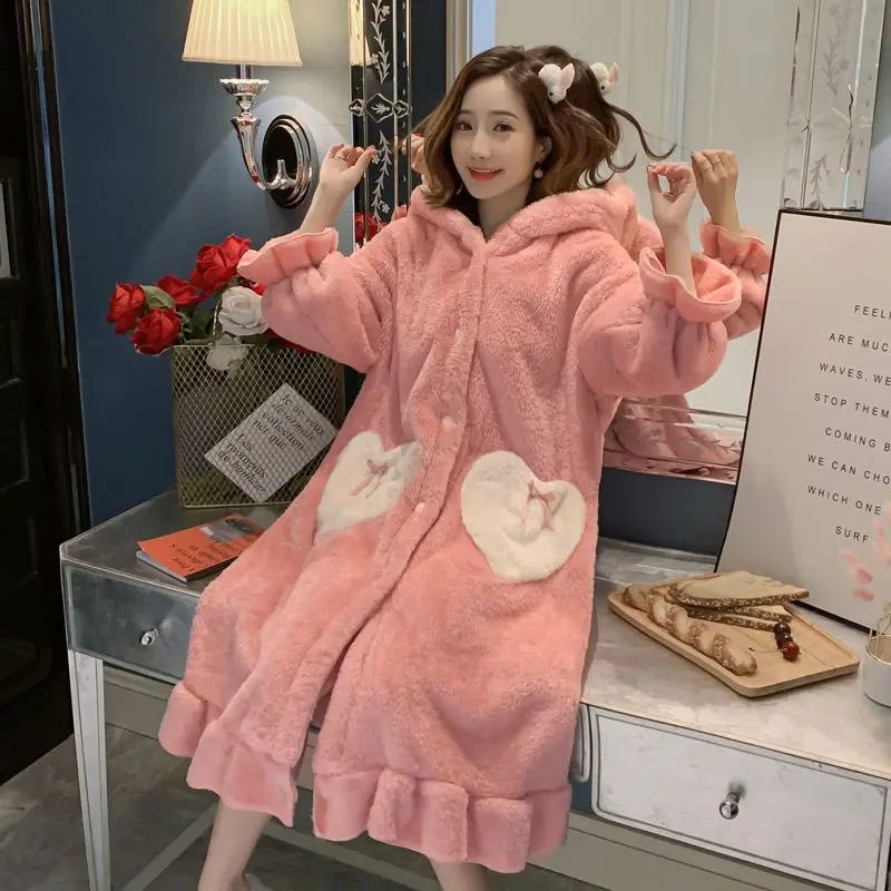 Ночная рубашка в Корейском стиле, женская зимняя Толстая Коралловая флисовая Милая женская фланелевая ночная рубашка с капюшоном и