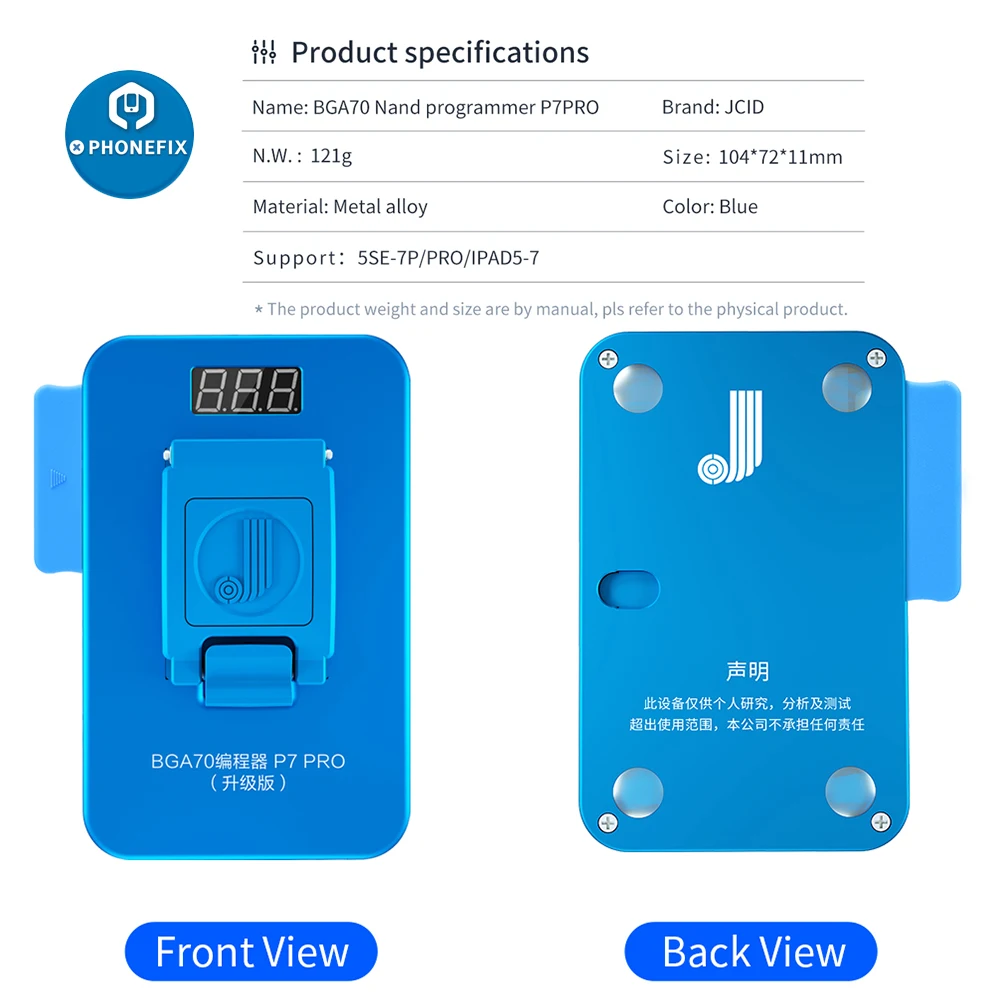 US $198.99 JCID P7 PRO BGA70 Nand Programmer Nand SYSCFG Read Write Error Repair Tool For IPHONE 5SE7PPROIPAD57 Support all BGA70 model