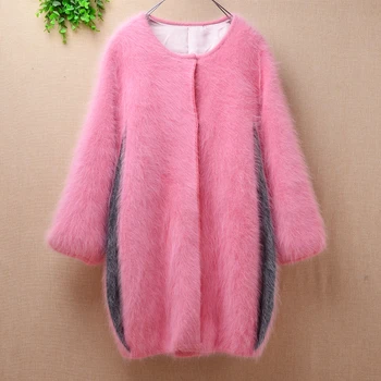 

Pink Sweet women ladies clothing long sleeve thicken slim plush Angora rabbit fur knitted sweater coat jacket outwear winter