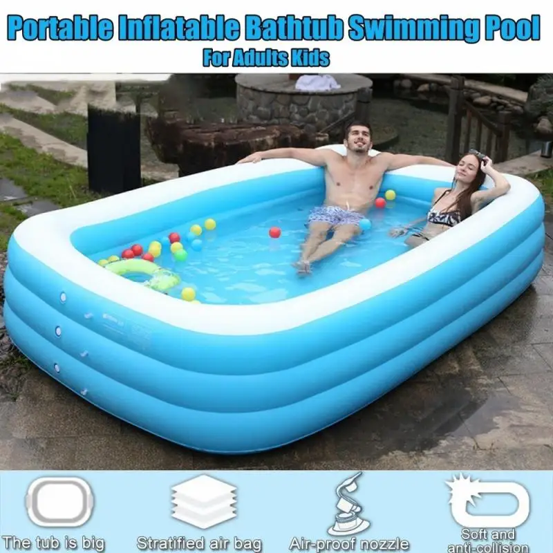 110-150cm Home Use Outdoor Indoor Foldable Blue Thick Rectangle Inflatable Swimming Pool Adults Kids Bathing Tub Family Games