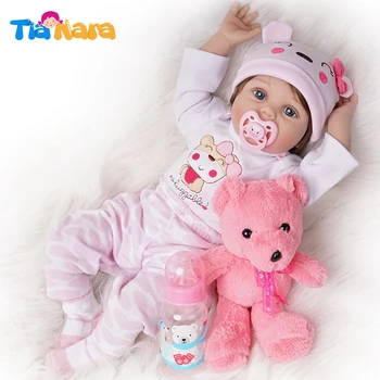 55cm Reborn Bebe muñeca niña recién nacido juguete de silicona vinilo Rosa traje con Oso de juguete