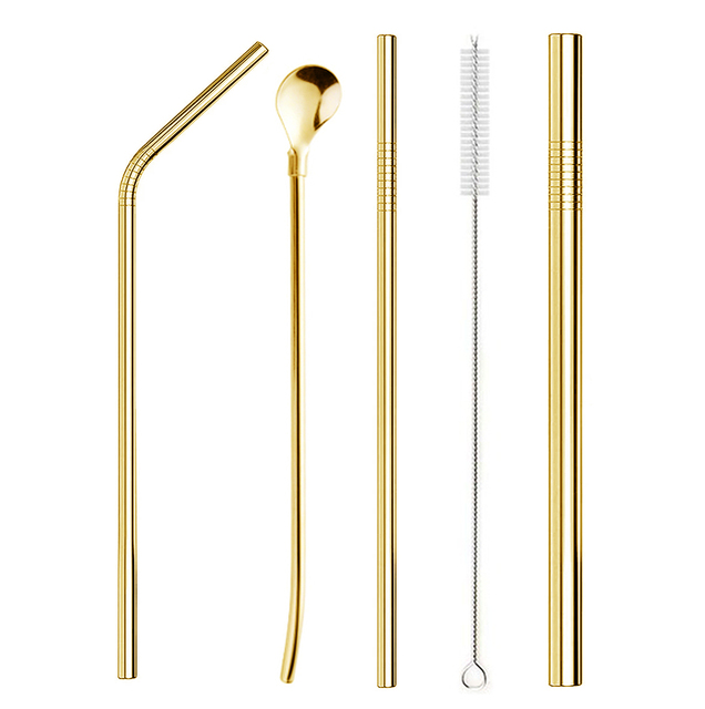Reusable Metal Drinking Straws 304 Stainless Steel Straw Sturdy Bent Straight Straw with Cleaning Brush Bar Party Acce