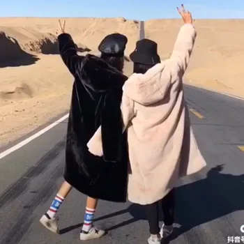 

Winter Jacket Women Loose Long Coat Comfortable Imitate Rabbit's Hair Hat Leather Overcoat Manteau Femme Hiver Warm Parka New