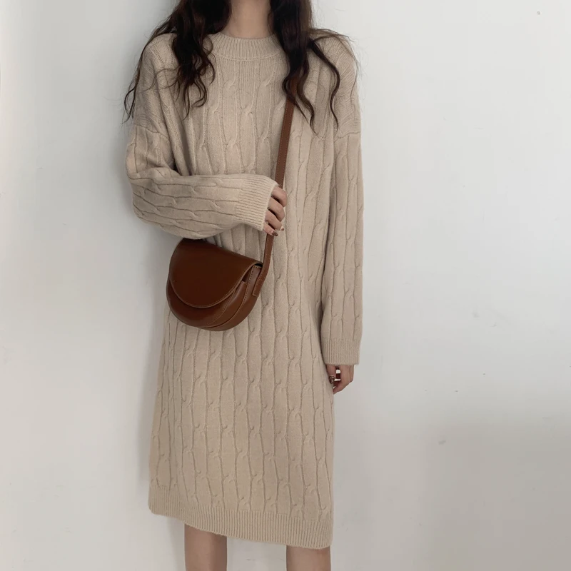 Зимнее платье женское трикотажное теплое платье свитер с воротник круглый и длинным рукавом корейские Уютное повседневное платье миди вязаные платья женские