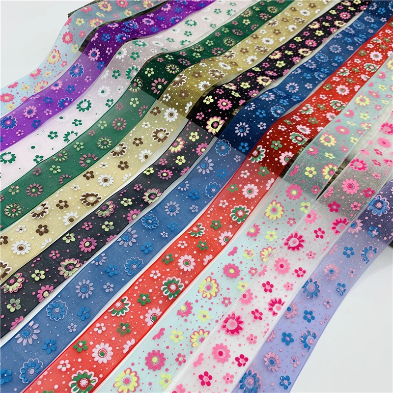 Description Picture 2 of item5yards/Lot 25mm Organza Ribbon Printing Flower Ribbon For Bow Hair Wedding Christmas Decoration Lace Crafts DIY Gift Package