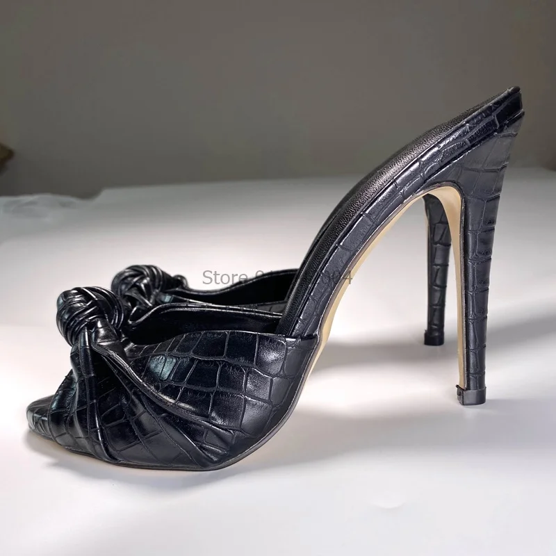 

Summer Mules High Heels Women Slippers Outdoor Designer Black Snake Pattern Slides Luxury Fish Toe Knot Women Shoes