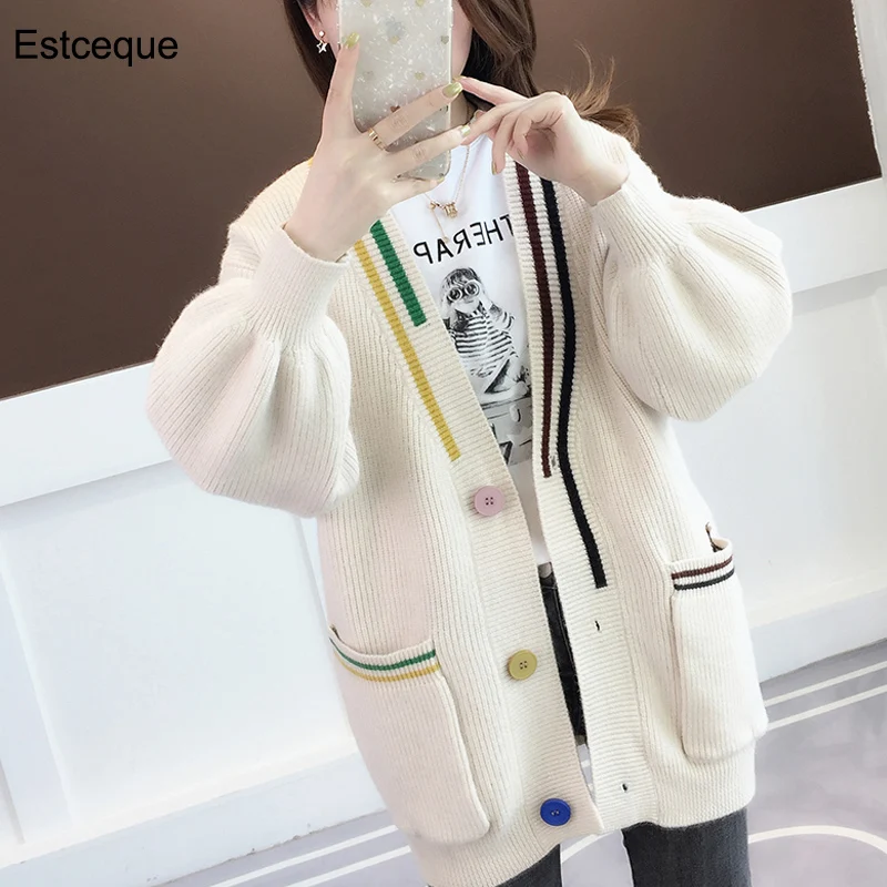 Женский вязаный кардиган средней длины свободный Однотонный свитер в Корейском