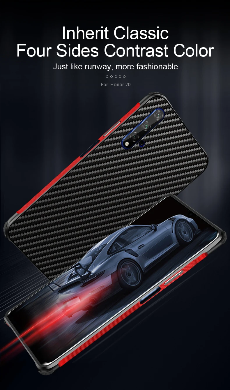 Роскошный Гибридный чехол для huawei Honor 20/20 Pro, Жесткий Чехол из углеродного волокна, металлический бампер+ PC защитный чехол на заднюю панель