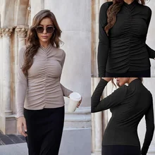 

High-neck Solid Color Pleated Long-sleeved T-shirt Women's Sexy Slim Fit All-match Thin Pit Strip Bottoming Shirt Autumn Winter