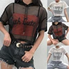 Womens Hollow Mesh Net Hooded T-Shirt Short Sleeve Tee Tops Transparent Black Swxy Clubwear Party ► Photo 1/6