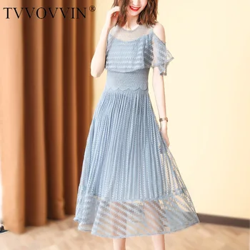 

TVVOVVIN 2020 Summer New Patchwork Lace Folds Empire Dress Pleated O-neck Womens Holllow Out Voild Casual Streetwear A192