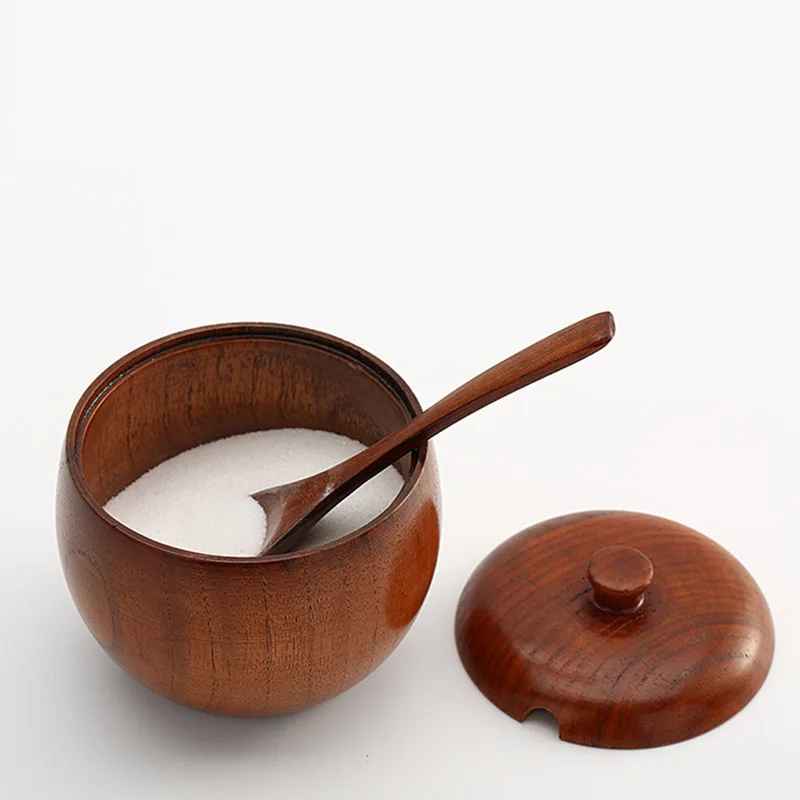 1Pcs/Set Japanese Natural Wood Spice Jar with Lid Fashion Sugar Bowl Salt Free Spoon Kitchen Accessories | Дом и сад