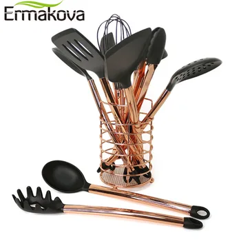 

ERMAKOVA 11pcs Cooking Tools Kitchen Utensils Rose Gold Stainless Steel Handle Silicone Nonstick Pan Heat Resistant Kitchen Tool