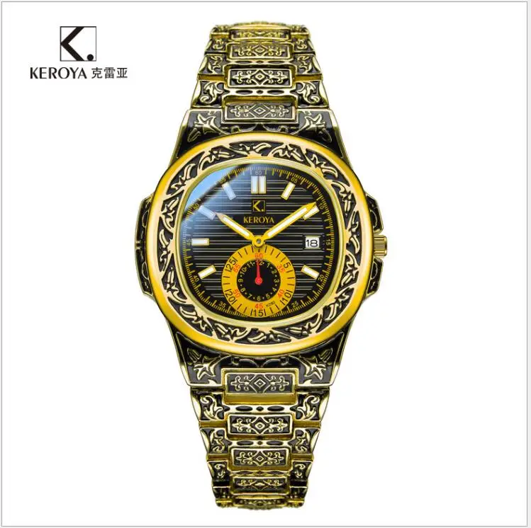 Мужские часы из розового золота, Стальные кварцевые повседневные наручные часы, антикварные винтажные высококачественные часы с большим циферблатом и календарем, мужские часы высшего бренда - Цвет: Золотой